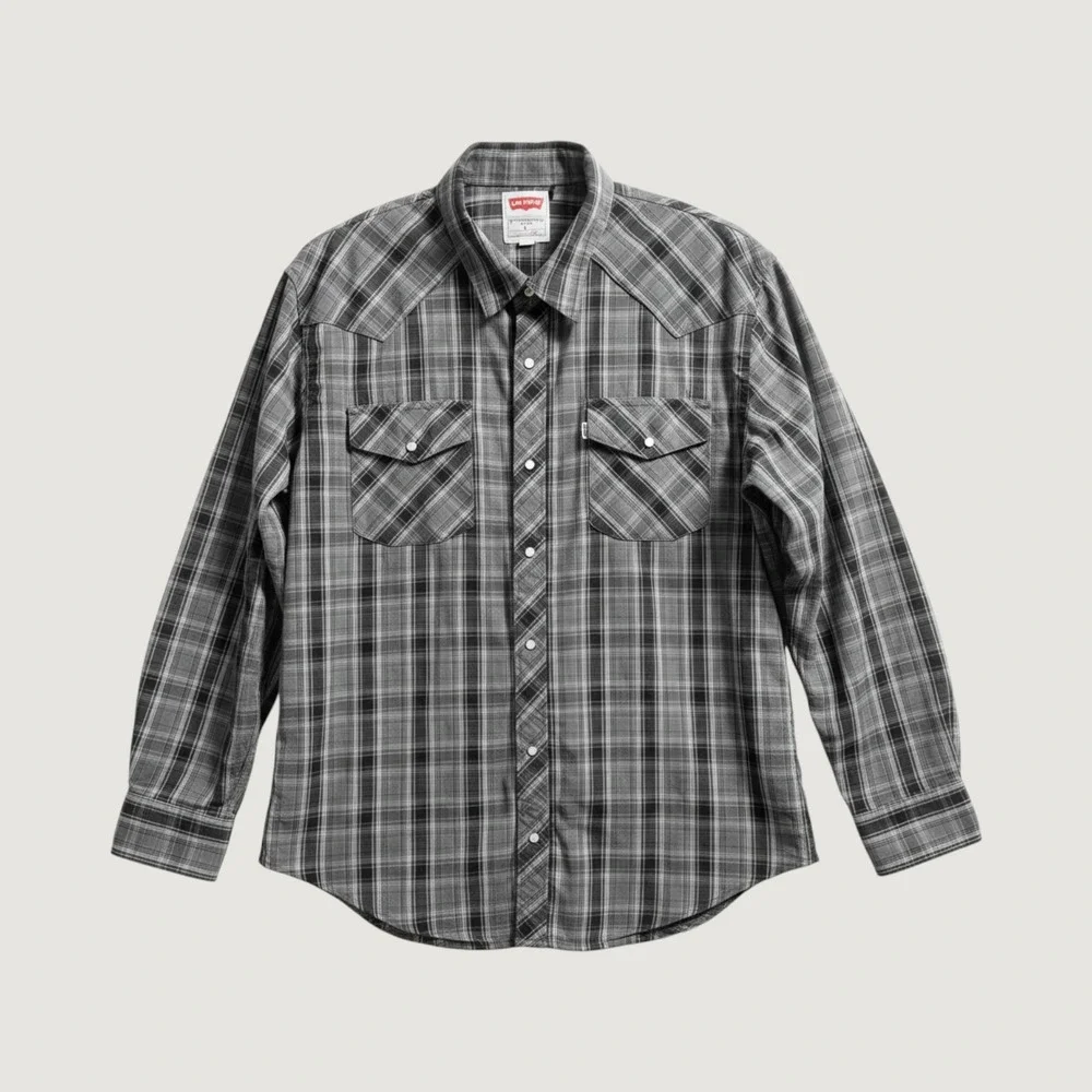Levis Mens Western Pearl Snap Plaid Shirt Black Grey Regular Fit L 3LMLW0073